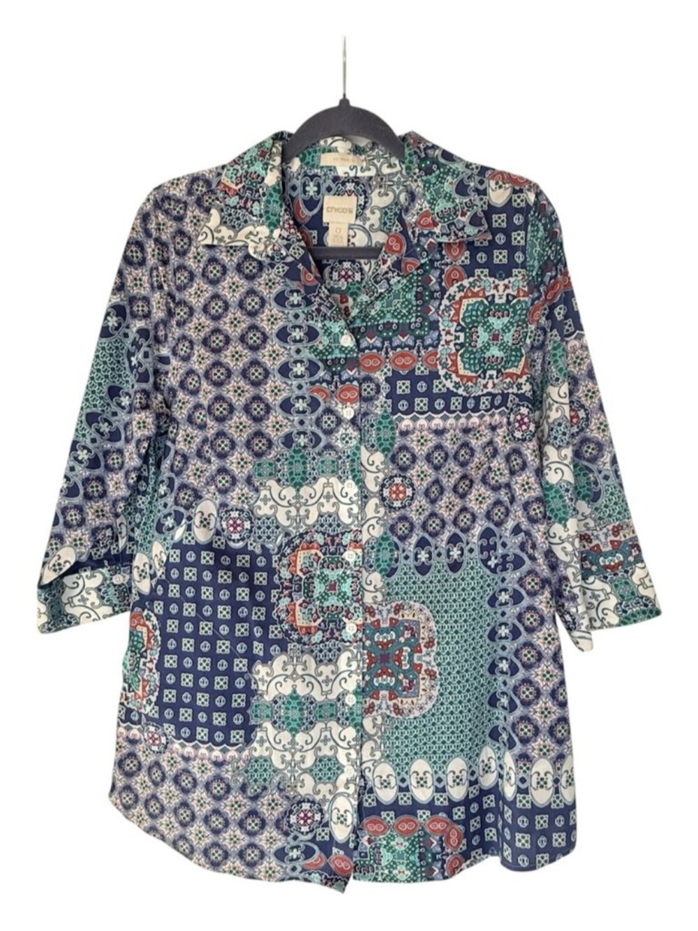 Chico's Navy Teal No Iron Multi Patchwork Button-Down Shirt - Women’s
